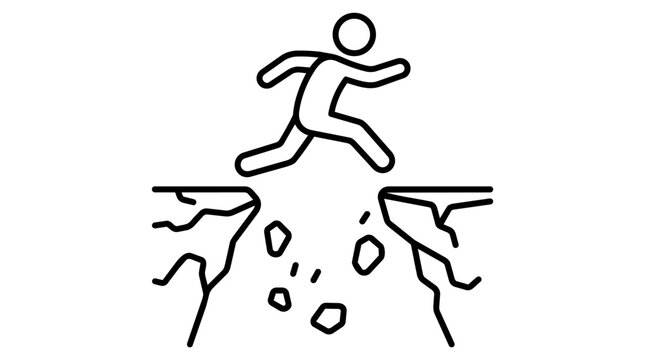 Jumping over cliff gap and overcoming challenge concept, stick figure brave breakthrough vector illustration
