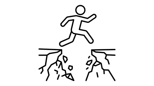 Jumping over cliff gap and overcoming challenge concept, stick figure brave breakthrough vector illustration
