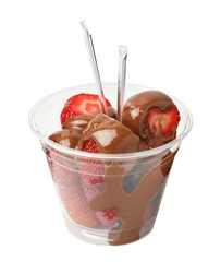 Chocolate covered strawberries in plastic cup isolated on white. To go snack © New Africa