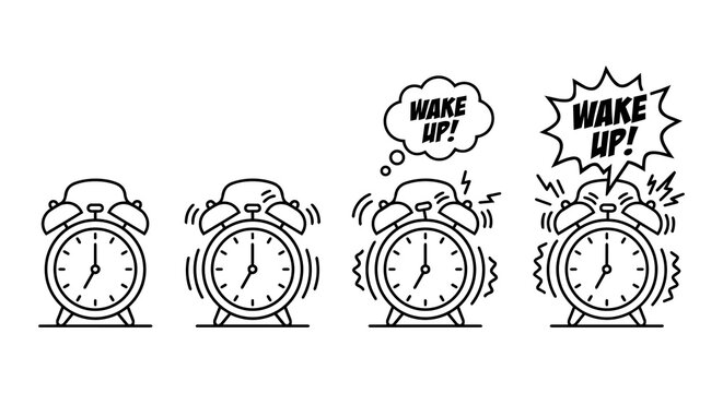 Alarm clock ringing and time management concept, classic twin bell clock vibrating and wake up vector illustration set