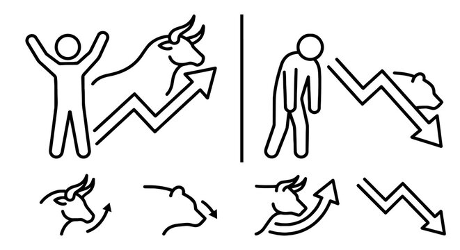 Bull and Bear Market Line Icons Set. Stock Market Trends with Happy and Sad Investors, Financial Graph Arrow Chart Up and Down.