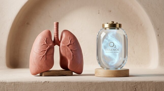 Fresh Air Supporting Healthy Lungs and Oxygen Flow, Model of human lungs next to a glass jar labeled "O2 essence" on a beige stone surface.