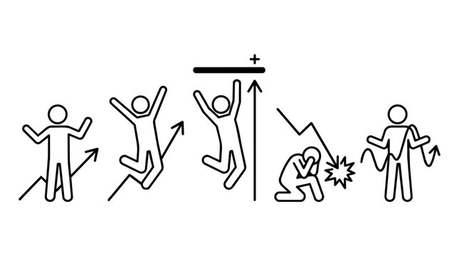 Stick figure business people icon set. Financial success and failure, stock market trend graph, profit and crash emotional reactions concept.