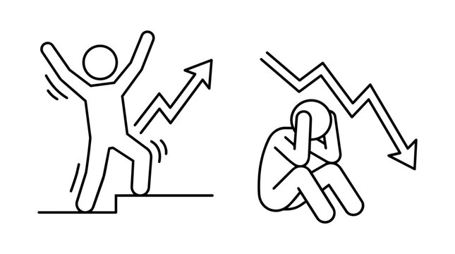 Stick figure business people icon set. Financial success and failure, stock market trend graph, profit and crash emotional reactions concept.