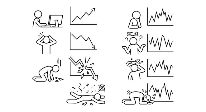 Stick figure trader reacting to volatile stock market graphs icon set. Financial investment loss, stress and crash concept.
