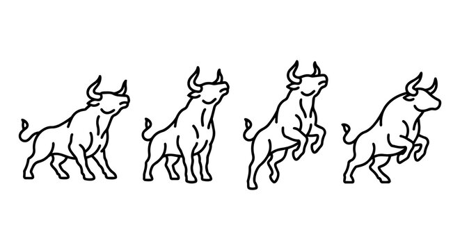 Bull charging and jumping line icon set. Stock market trend financial growth concept, minimalist strong bull vector illustration.