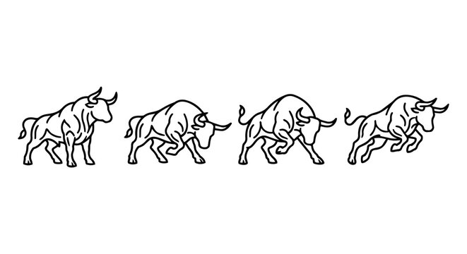 Bull charging and jumping line icon set. Stock market trend financial growth concept, minimalist strong bull vector illustration.