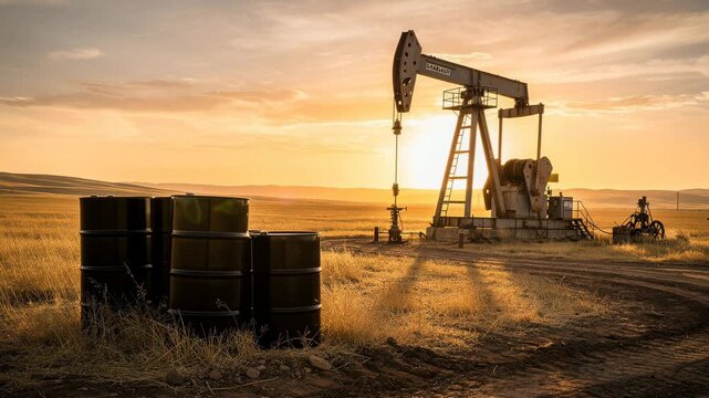 Sunset over vast golden field with oil pumpjack barrels capturing energy in rural landscape
