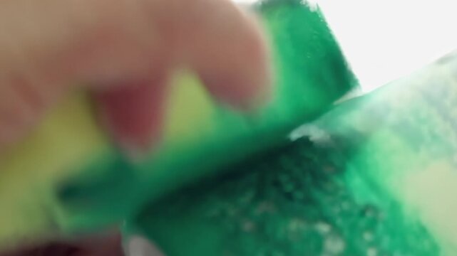 Close-up of a crafter's hands on a bright day, meticulously applying a textured pattern to a green cylindrical vessel.