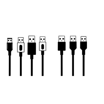 Set of five different types of USB cables arranged in a row, each with distinct connectors at both ends, depicted in a minimalist, flat design style. The cables are shown in black and white, with c...