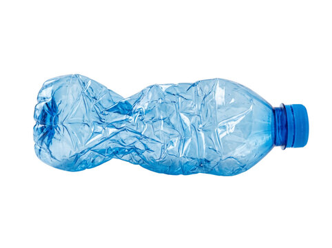 Crushed blue plastic water bottle isolated