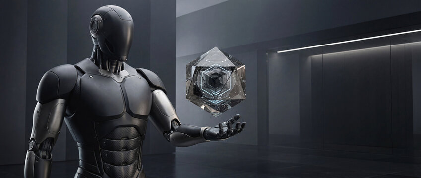 Futuristic black metallic robot or cyborg holding a glowing crystal geometric polyhedron