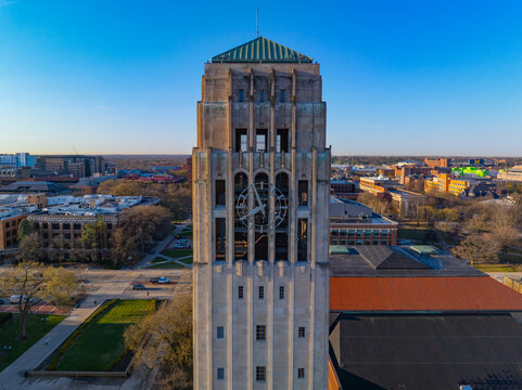 Burton Memorial Tower aerial view at 230 N Ingalls Street in University of Michigan, Ann Arbor, Michigan MI, USA. 