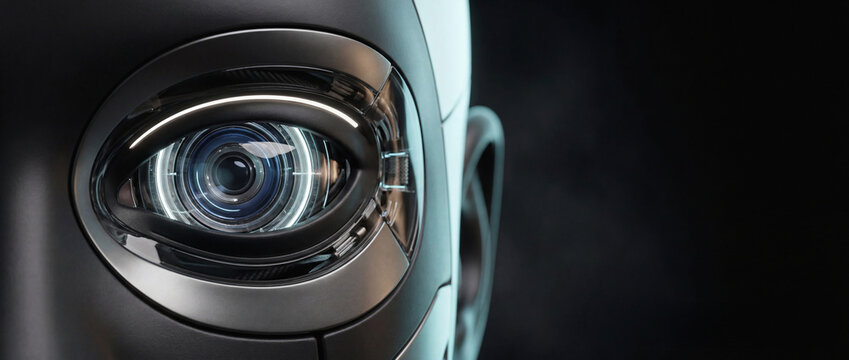 Close-up of futuristic cyborg bionic eye with camera lens mechanism and artificial intelligence concept