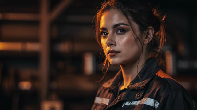 Determined woman in reflective industrial jacket standing confidently in dim light environment