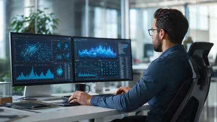 Fototapeta premium Data scientist reviewing AI model performance on dual monitors