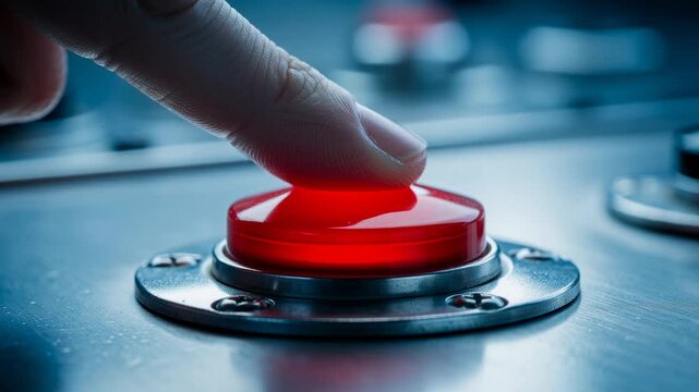 Close up of finger pressing glowing red emergency button on metallic control panel for safety
