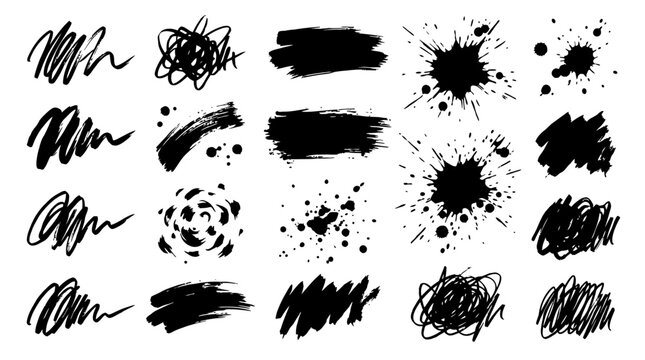 Set of black ink brush strokes and messy scribbles for graphic design elements.
