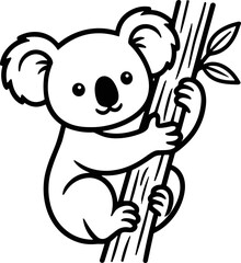 Cute cartoon koala climbing tree branch, simple line art, black and white illustration © hilda