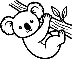 Cute cartoon koala hanging on a tree branch, black and white illustration © hilda