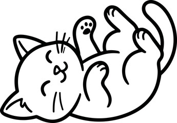 Cute cartoon cat lying on its back, playful and happy, simple line art illustration © hilda