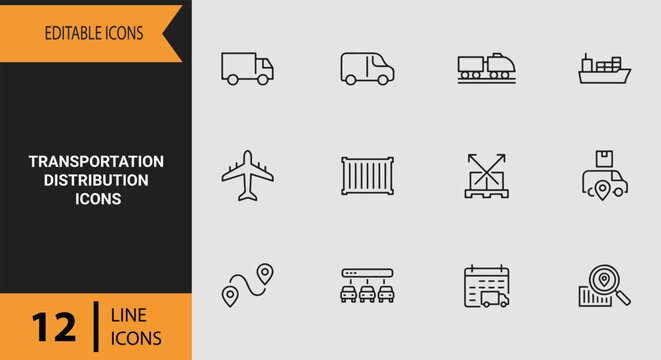 Freight Transportation Distribution Logistics Outline Icon Set For Cargo Delivery Fleet Management