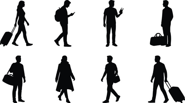 Silhouette collection of travelers and commuters carrying luggage, bags, and mobile devices in walking and standing poses
