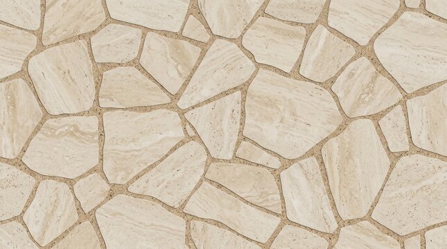 Seamless Beige Stone Paving Texture, Top-Down View of Irregular Travertine Flagstone Pattern for Flooring and Patio Background