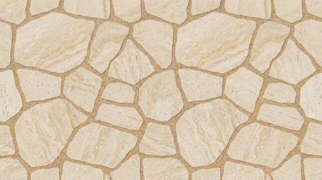 Seamless beige flagstone pavement texture background. Irregular stone masonry wall or floor pattern with sand joints.