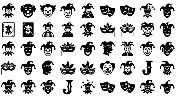 Joker Face Glyph Icon Set Jester Carnival Vector Collection