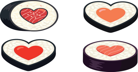 Heart shaped sushi maki rolls vector collection featuring delicious salmon tuna and nori seaweed fillings for romantic dining, vector © Mijanur