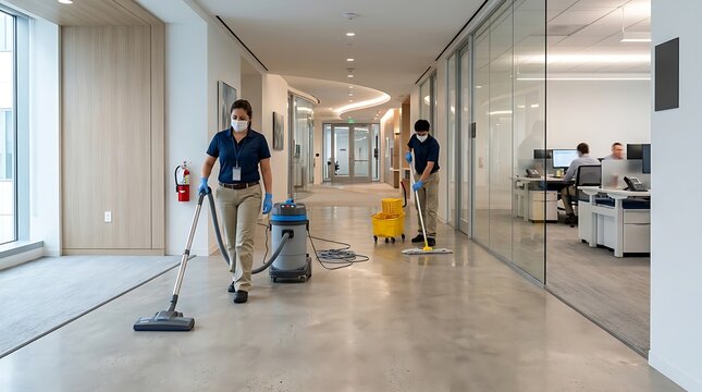 Two janitors cleaning office floor with vacuum and mop in modern hallway
