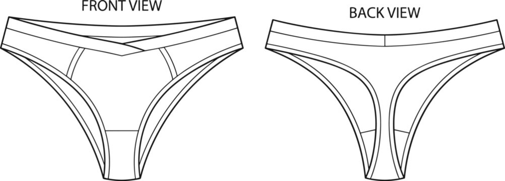 Technical flat bikini underwear design illustration showing detailed front and back views with waistband layers, seam lines, and garment construction
