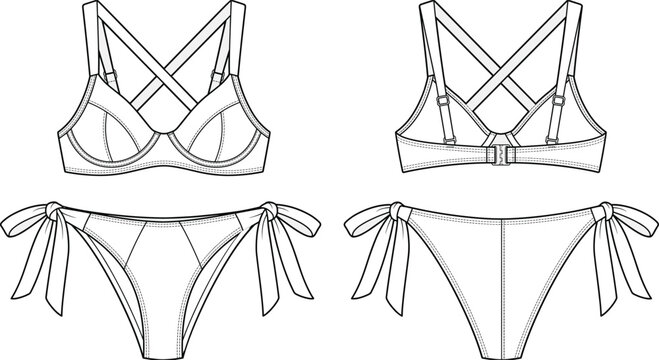 Technical flat bikini design illustration with front and back views showing structured cups, straps, closures, and garment construction details