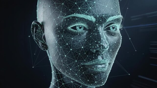 Digital humanoid face made of glowing interconnected nodes and lines futuristic technology concept