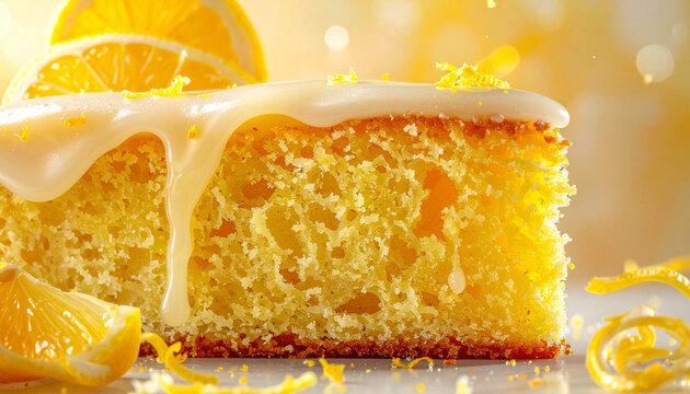 Zesty citrus chiffon cake close up airy texture with sugar glaze shine
