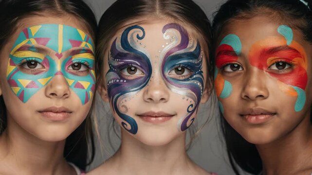 Three young girls wear colorful, artistic face paint. Each has a unique, vibrant design around their eyes. The patterns feature geometric shapes and flowing lines