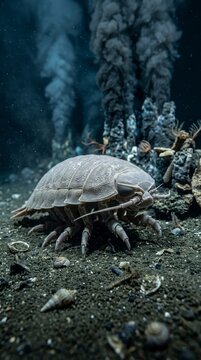 Giant Isopod on Deep Sea Floor with Hydrothermal Vents