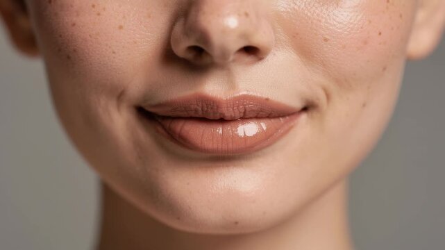 Close up of soft glossy lips gently smiling showing natural skin texture beauty and health