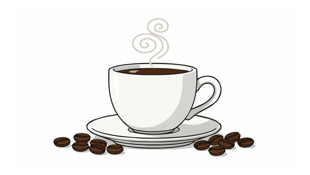 White coffee cup steaming hot aromatic beverage with coffee beans on saucer and plate in a minimal style