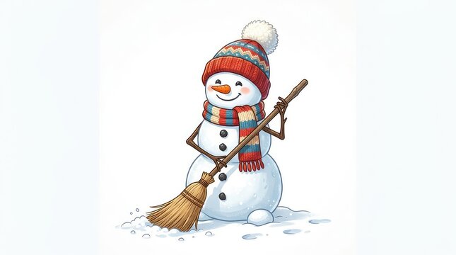 Snowman Shoveling Fresh Snow Winter Scene Cartoon Style Illustration