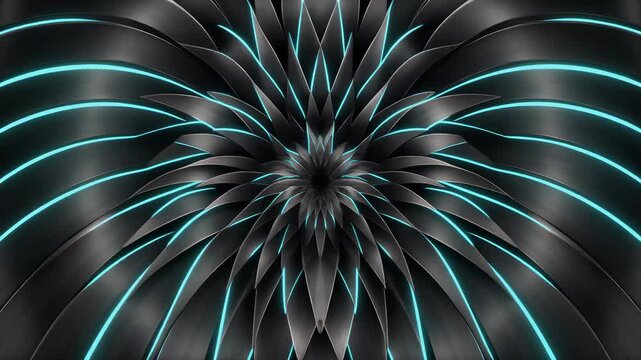 Abstract Radial Shell with Luminous Cyan Glowing Accents and Dark Layered Metallic Petals for Premium Visual Motion Backgrounds