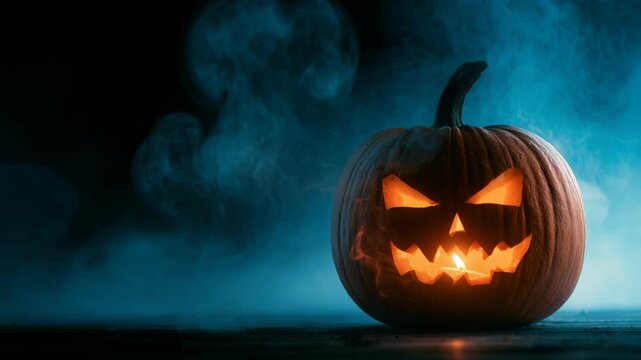 A pumpkin sits on the ground with a candle inside it. The pumpkin has a scary face carved on it. Smoke swirls around in the dark. This shows the Halloween spirit.