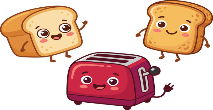 Cute cartoon breakfast character set featuring smiling red toaster appliance alongside happy white and wheat bread slices, vector
