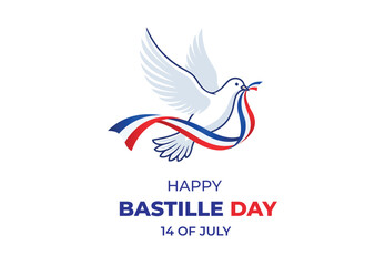 Obraz premium White dove flying with a tri-color ribbon for happy bastille day celebration