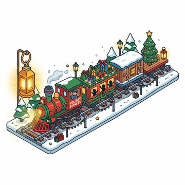 Colorful Christmas Train on Tracks.