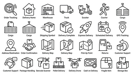 Fototapeta premium Logistics and shipping icon set featuring order tracking warehouse truck delivery drone scooter courier service and international cargo transportation symbols.