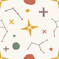 Whimsical naive constellation seamless pattern. Nordic boho starry night sky and sparkles for kids playroom textile and wallpaper. © The Flat Lab