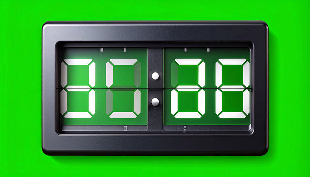 Digital Clock Displaying Zero Time with Green Background and White Segments, Modern Electronic Timer Interface