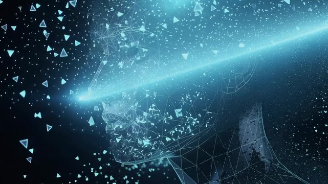 Futuristic digital human slowly disintegrating into glowing triangular fragments in sci fi style